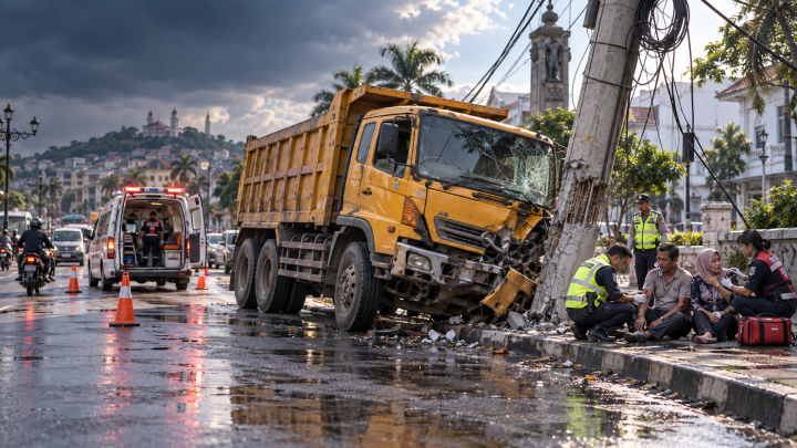 Kecelakaan di Semarang, Dump Truk Hilang Kendali Hantam Tiang Listrik, 2 Terluka