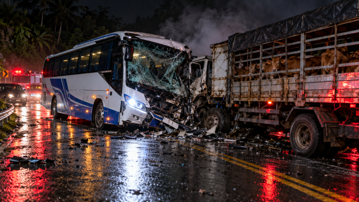 Kecelakaan Beruntun di Jombang, Bus Ngebut di Jalur Berlawanan Tabrak Truk Sapi lalu Kabur