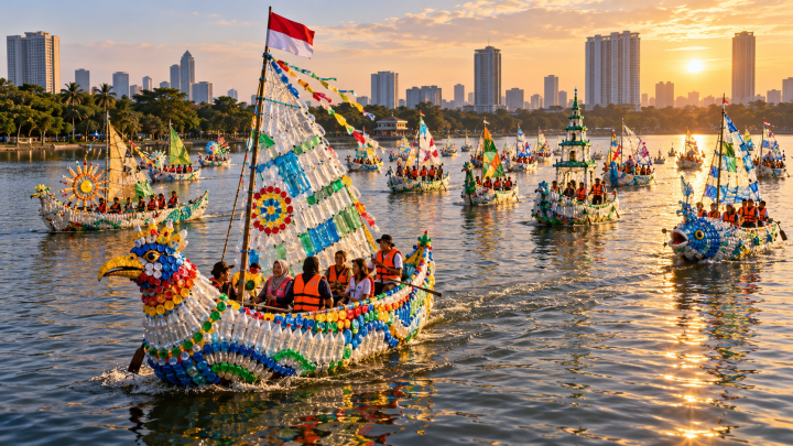 Unik! 43 Perahu Hias dari Limbah Plastik Berlayar di Danau Sunter