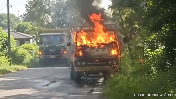What Happened During: Tak Kuat Menanjak, Truk Bermuatan Mesin Panen Padi Hangus Terbakar di Lamongan